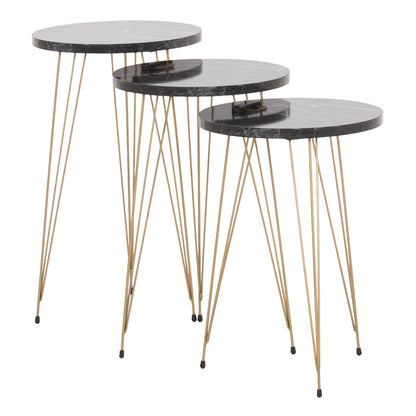 SET OF 3 ROUND SIDE TABLES NISSA HM18173.12 MELAMINE IN BLACK MARBLE--GOLD METAL LEGS