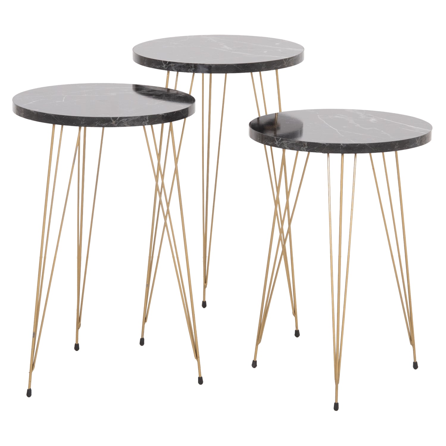SET OF 3 ROUND SIDE TABLES NISSA HM18173.12 MELAMINE IN BLACK MARBLE--GOLD METAL LEGS