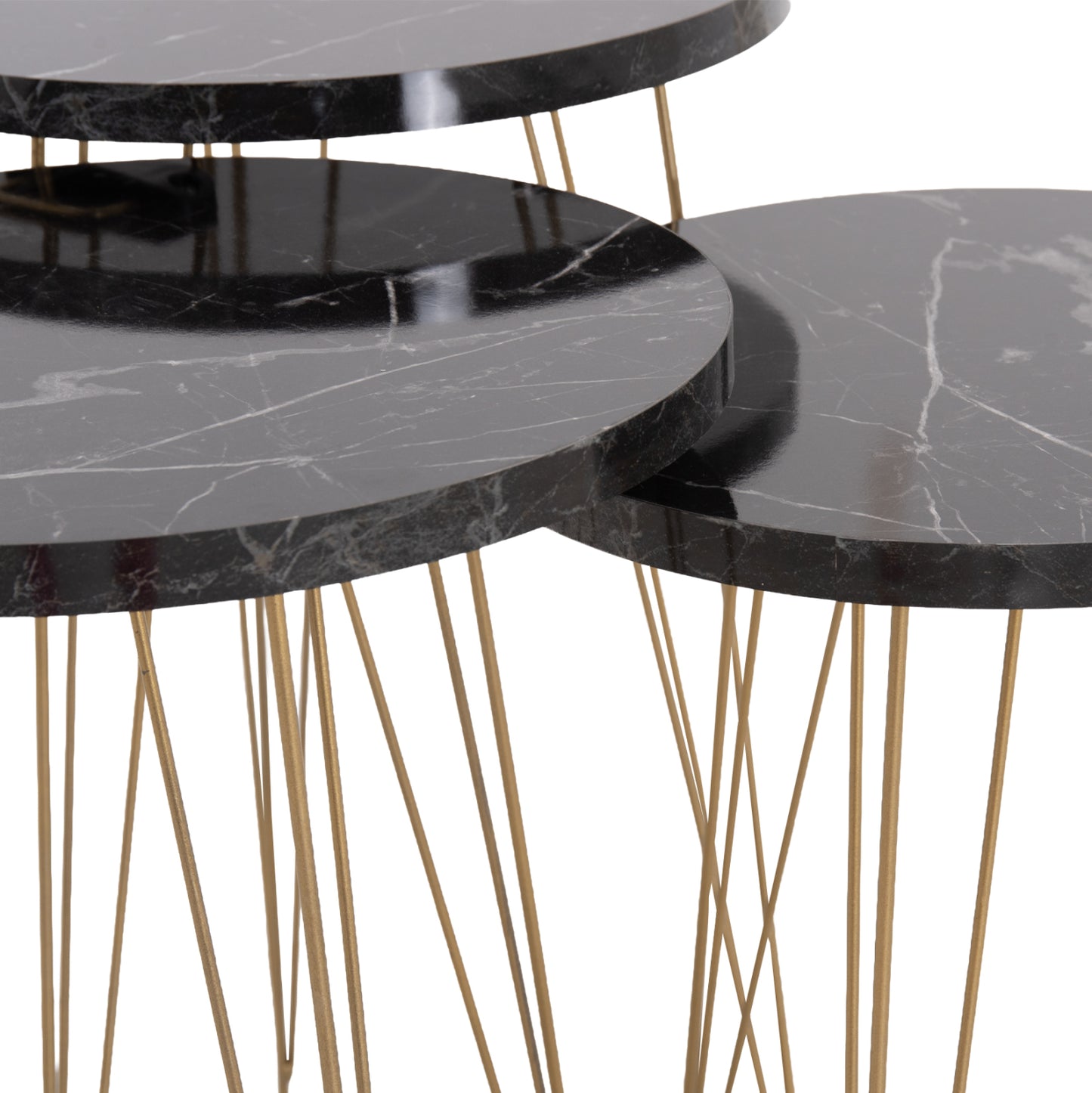 SET OF 3 ROUND SIDE TABLES NISSA HM18173.12 MELAMINE IN BLACK MARBLE--GOLD METAL LEGS