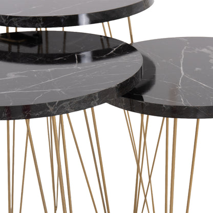 SET OF 3 ROUND SIDE TABLES NISSA HM18173.12 MELAMINE IN BLACK MARBLE--GOLD METAL LEGS