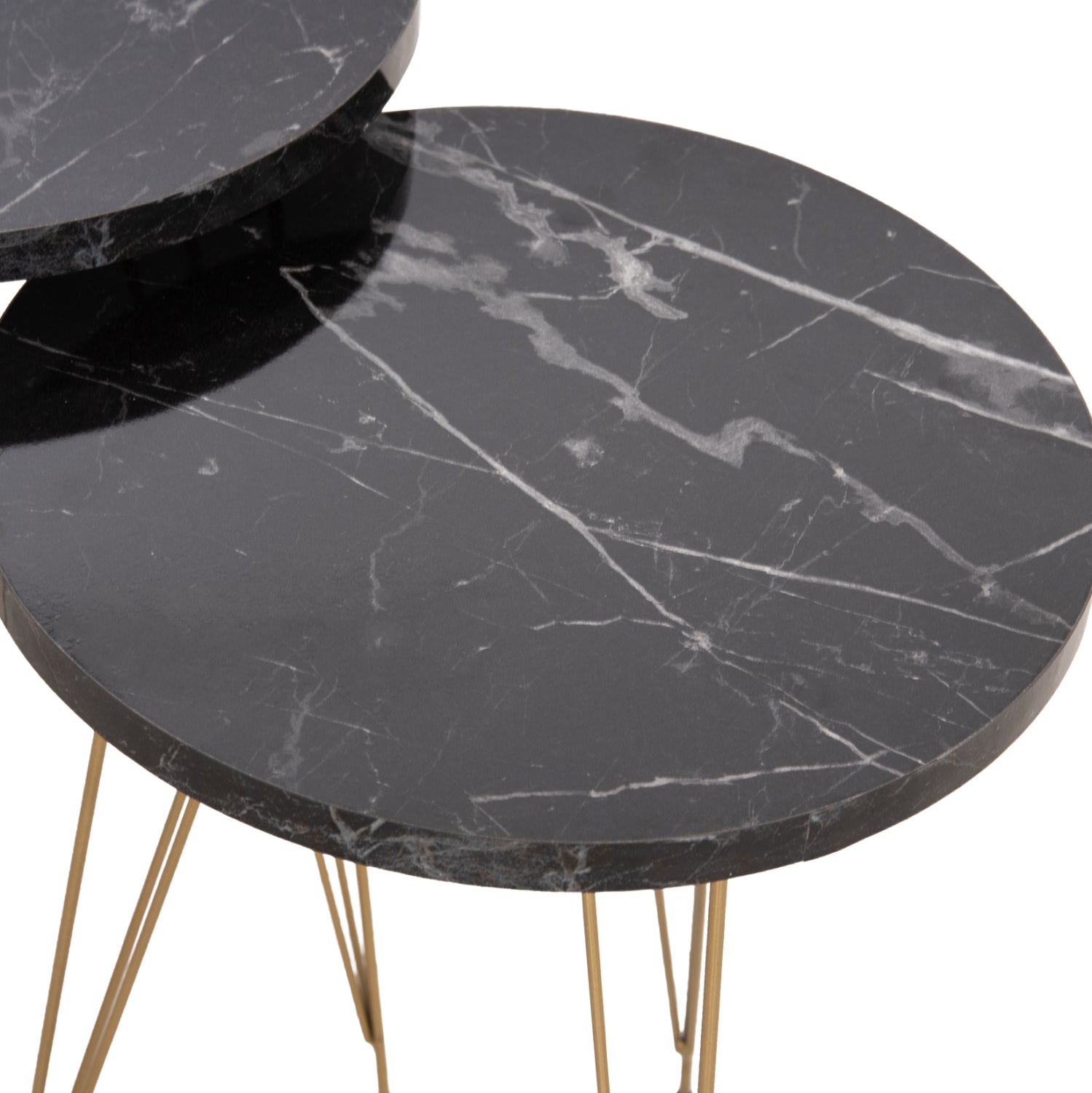 SET OF 3 ROUND SIDE TABLES NISSA HM18173.12 MELAMINE IN BLACK MARBLE--GOLD METAL LEGS