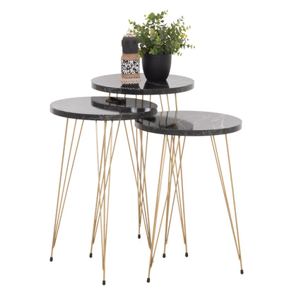 SET OF 3 ROUND SIDE TABLES NISSA HM18173.12 MELAMINE IN BLACK MARBLE--GOLD METAL LEGS