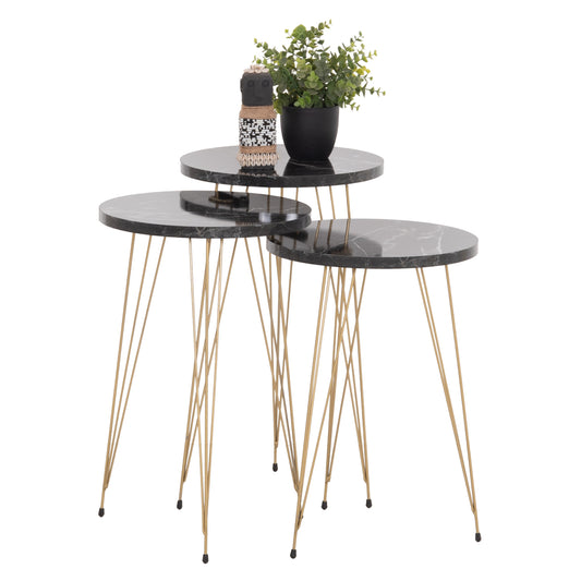SET OF 3 ROUND SIDE TABLES NISSA HM18173.12 MELAMINE IN BLACK MARBLE--GOLD METAL LEGS