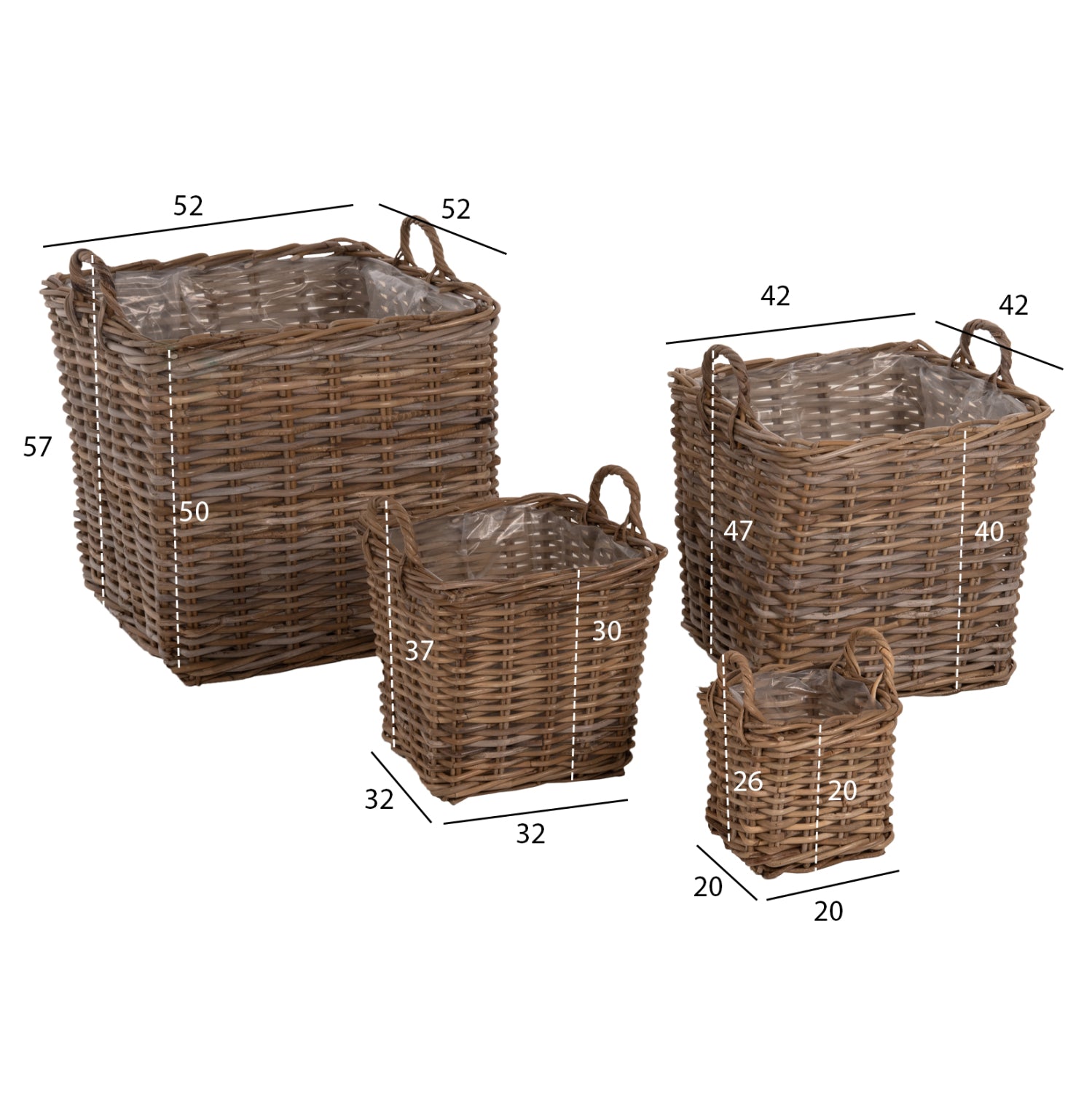 DECORATIVE BASKETS KATER 4PCS HM9657 KUBU RATTAN IN GREY 52x52x50-57Hcm.