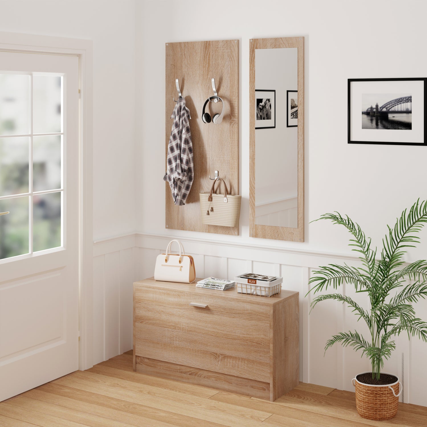 ENTRYWAY SET WITH MIRROR VERN HM2476.01 MELAMINE IN SONAMA 80x27x175Hcm.