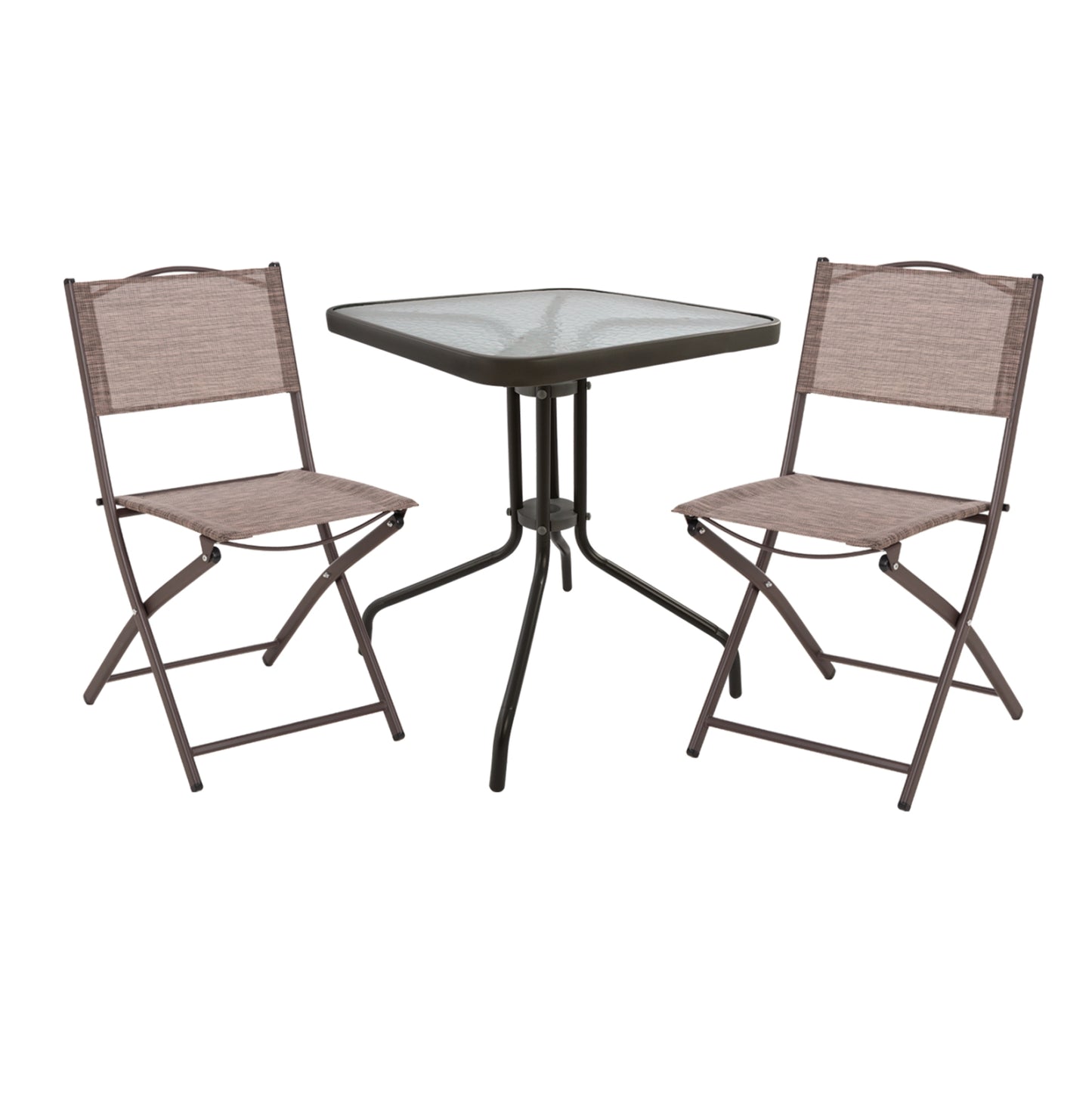 OUTDOOR DINING SET 3PCS FIGO HM21036 METAL TABLE & 2 FOLDABLE CHAIRS-BROWN