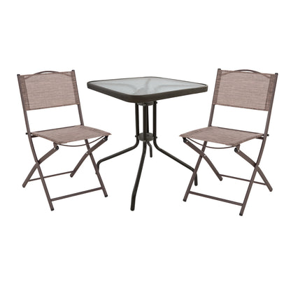 OUTDOOR DINING SET 3PCS FIGO HM21036 METAL TABLE & 2 FOLDABLE CHAIRS-BROWN