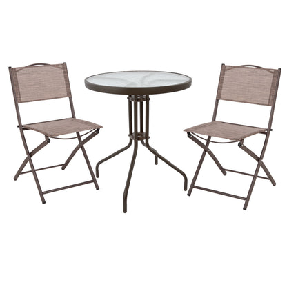 OUTDOOR DINING SET 3PCS LIMA HM21038.02 METAL ROUND TABLE & 2 FOLDABLE CHAIRS-BROWN