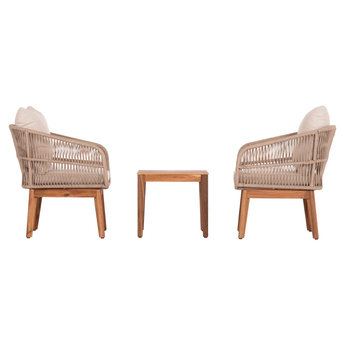 OUTDOOR LOUNGE SET 3PCS RUTH HM6229 ACACIA WOOD--ROPE-METAL FRAME-CUSHIONS IN BEIGE