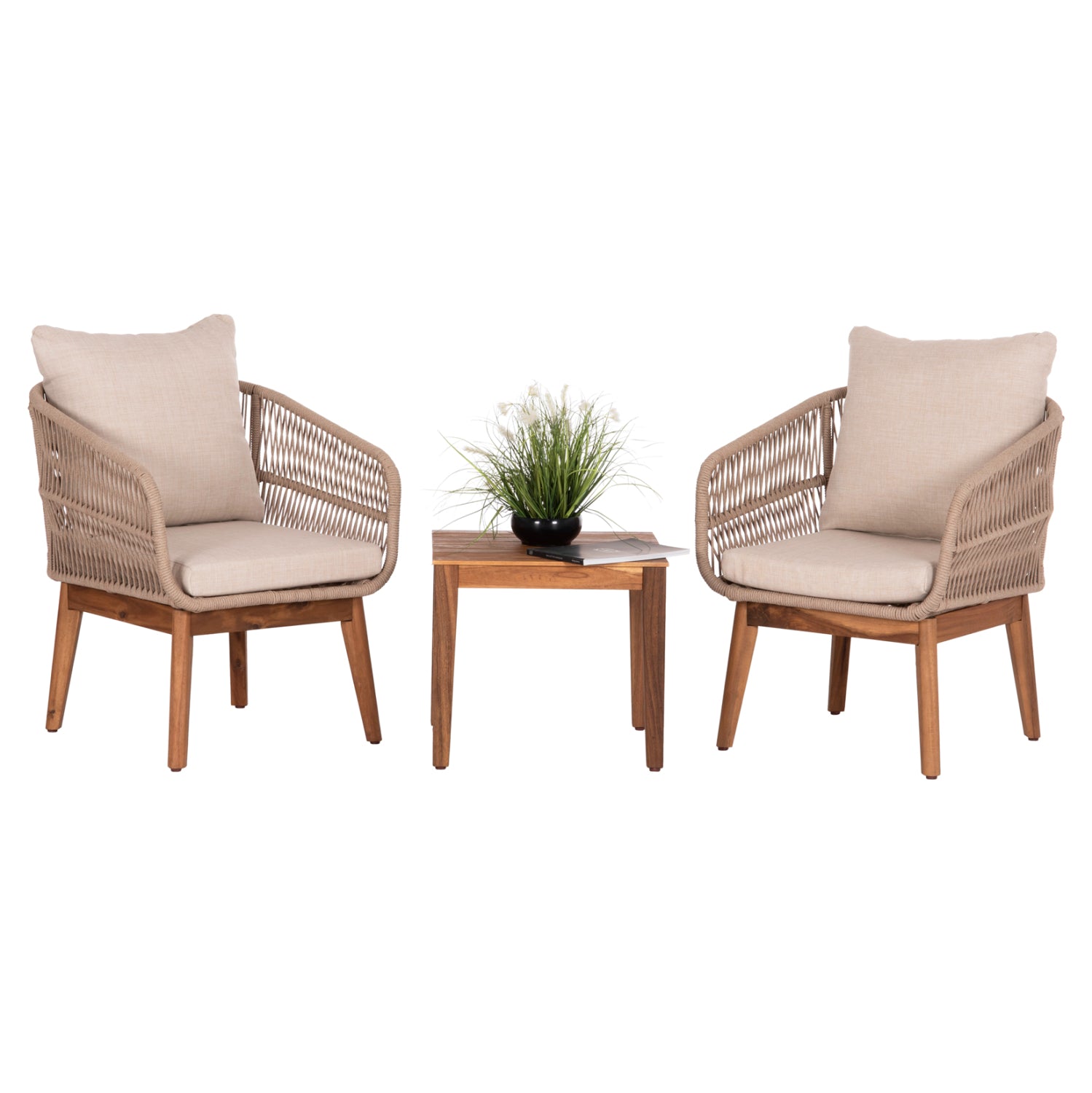 OUTDOOR LOUNGE SET 3PCS RUTH HM6229 ACACIA WOOD--ROPE-METAL FRAME-CUSHIONS IN BEIGE