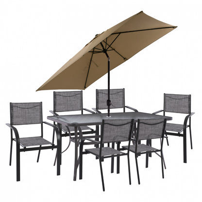 DINING SET WITH UMBRELLA 8 PCS GRAY TABLE 150X90 AND ARMCHAIR HM11533.02