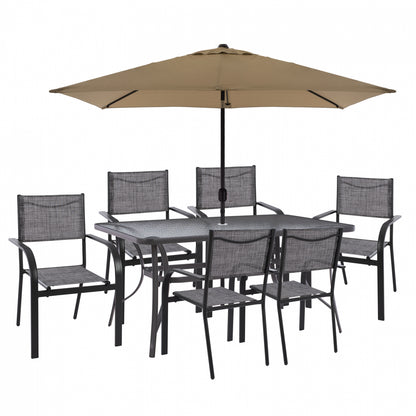 DINING SET WITH UMBRELLA 8 PCS GRAY TABLE 150X90 AND ARMCHAIR HM11533.02