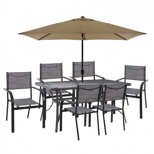DINING SET WITH UMBRELLA 8 PCS GRAY TABLE 150X90 AND ARMCHAIR HM11533.02