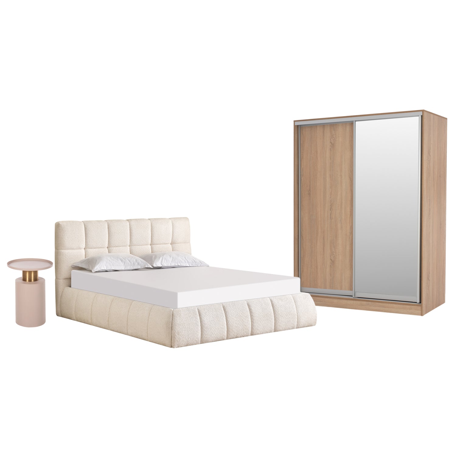 BEDROOM SET 3PCS EDDY HM10883.03 BOUCLE FABRIC IN BEIGE--MELAMINE IN SONAMA