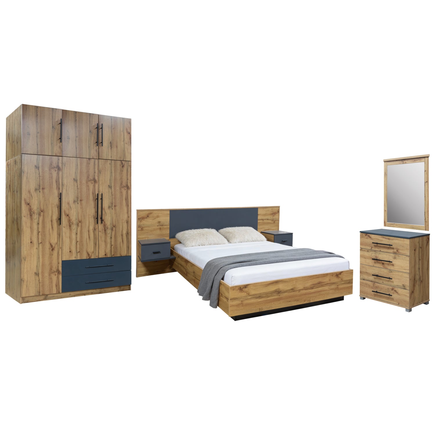 BEDROOM SET 5PCS CARYS HM10888.12 MELAMINE IN NATURAL WOOD COLOR/GREY