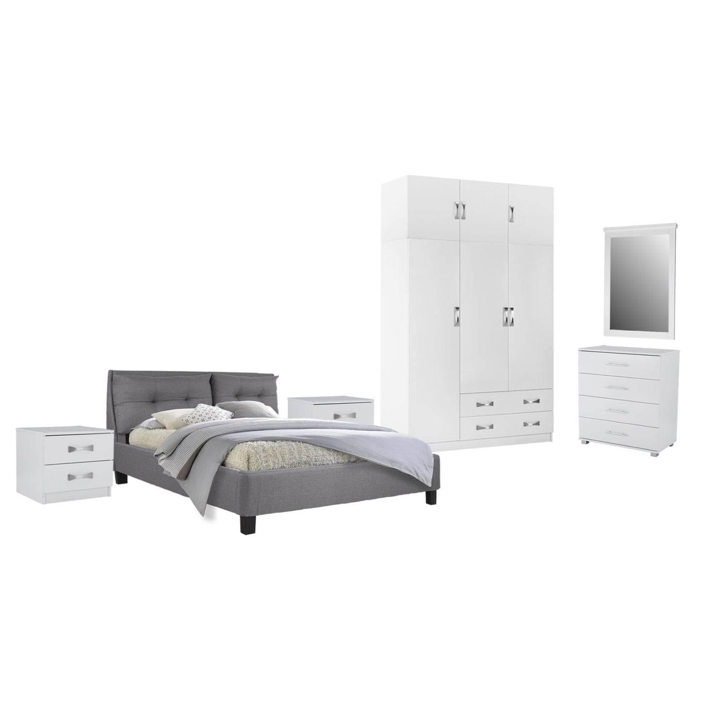 BEDROOM SET 6PCS CARLY HM10884.05 MELAMINE IN WHITE--GREY FABRIC