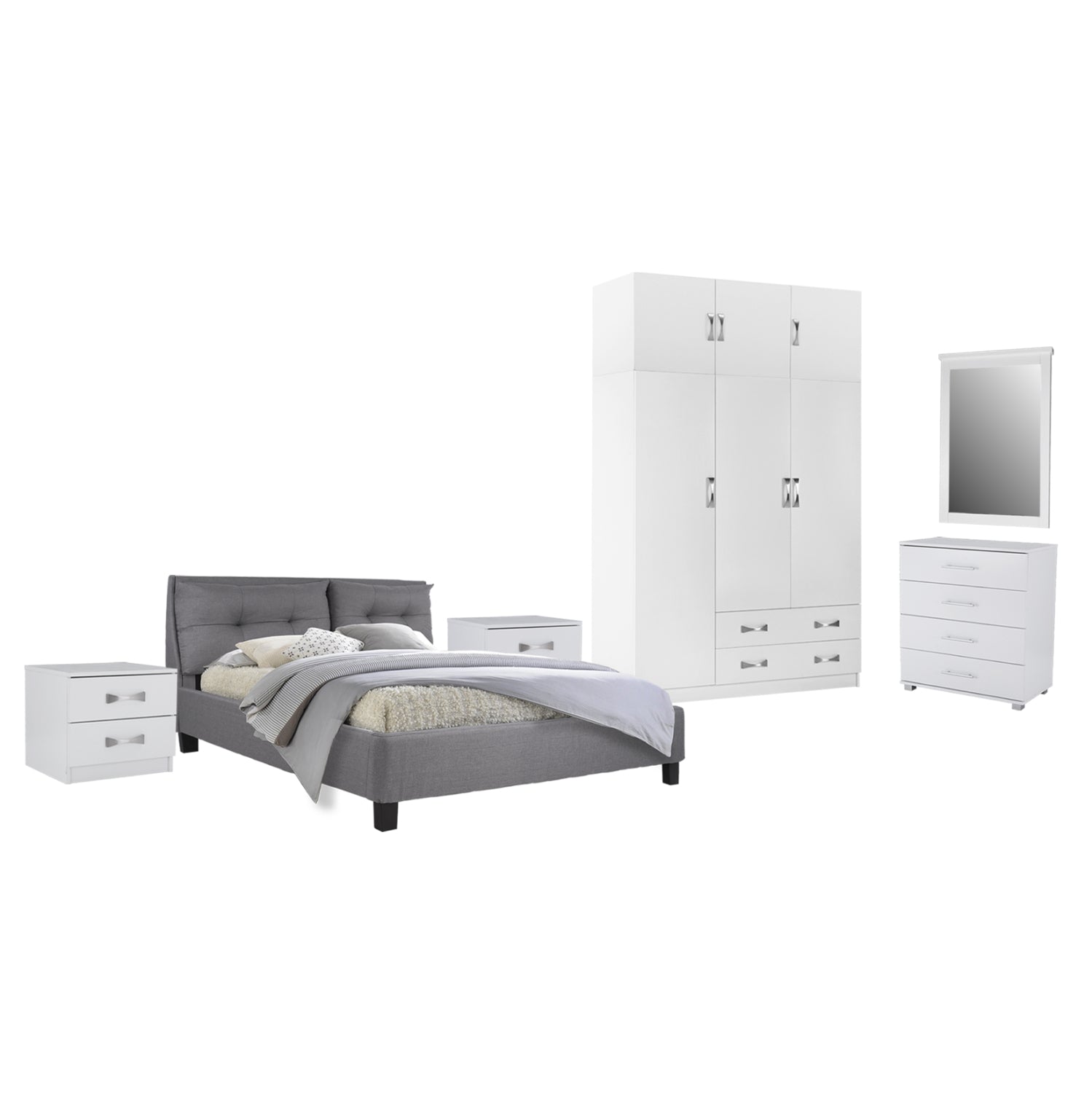 BEDROOM SET 6PCS CARLY HM10884.05 MELAMINE IN WHITE--GREY FABRIC