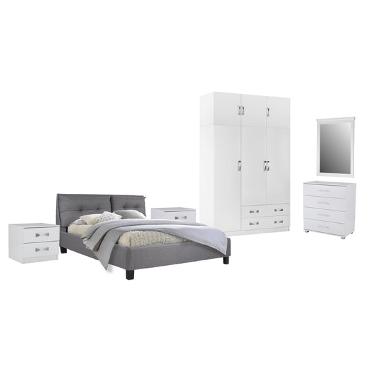 BEDROOM SET 6PCS CARLY HM10884.05 MELAMINE IN WHITE--GREY FABRIC