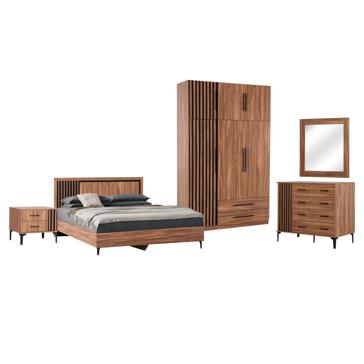 BEDROOM FURNITURE SET 6PCS HARRY HM10912.01 MELAMINE IN NATURAL WOOD & BLACK--FOR MATTRESS 160X200cm