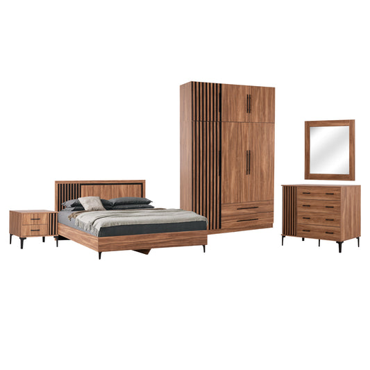 BEDROOM FURNITURE SET 6PCS HARRY HM10912.01 MELAMINE IN NATURAL WOOD & BLACK--FOR MATTRESS 160X200cm