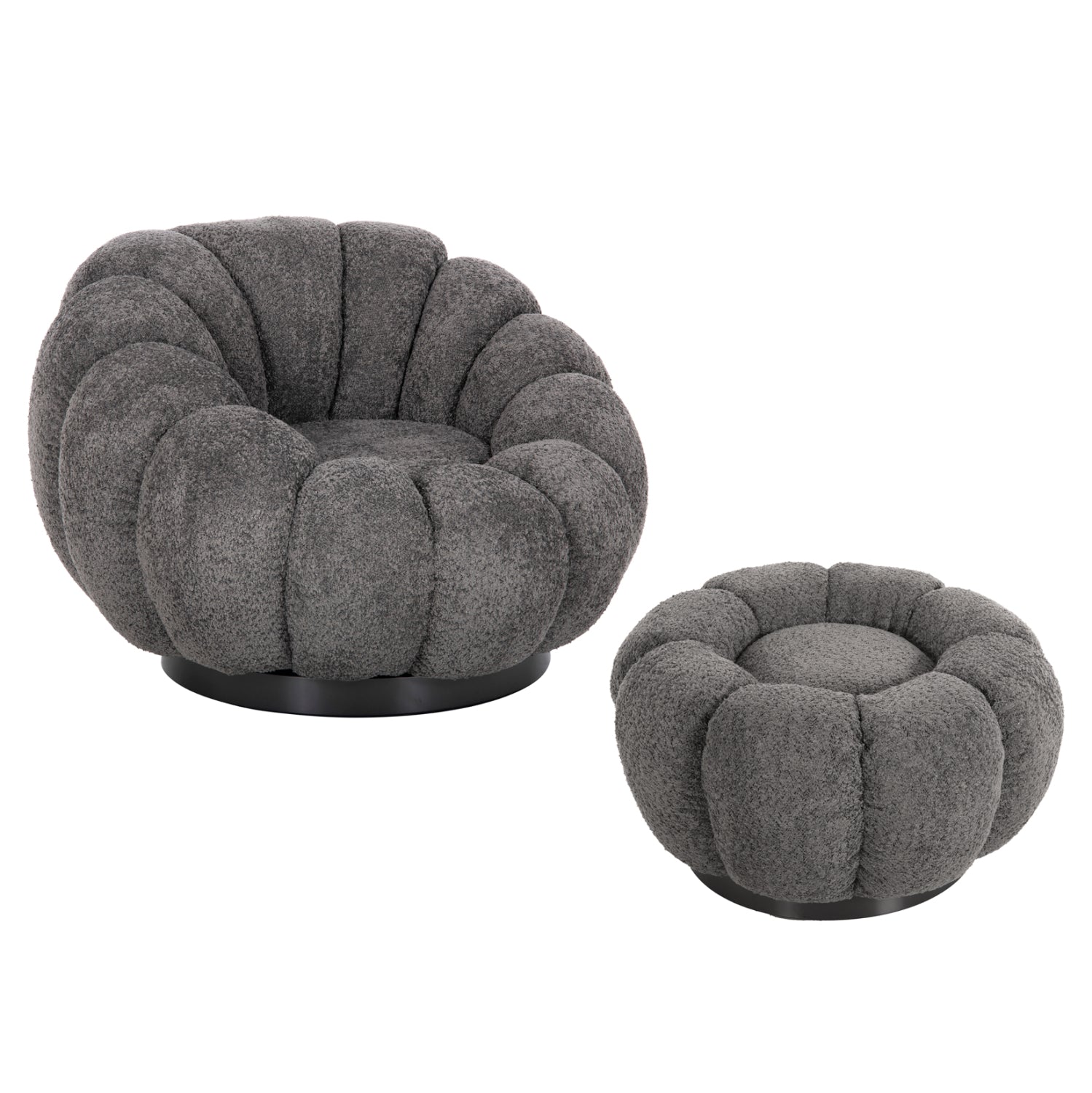 SET SWIVELLING ARMCHAIR WITH ROUND STOOL GRYMM HM10928.01 GREY BOUCLE FABRIC