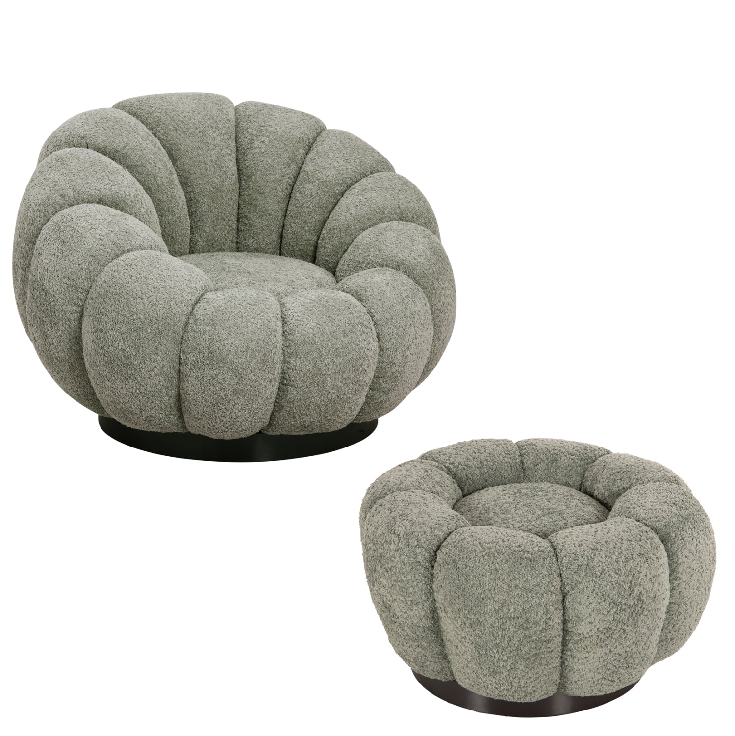 SET SWIVELLING ARMCHAIR WITH ROUND STOOL GRYMM HM10928.05 PISTACHIO GREEN BOUCLE FABRIC