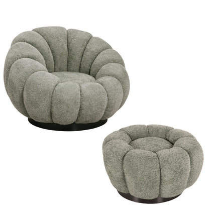 SET SWIVELLING ARMCHAIR WITH ROUND STOOL GRYMM HM10928.05 PISTACHIO GREEN BOUCLE FABRIC