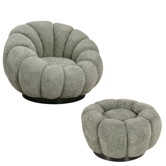 SET SWIVELLING ARMCHAIR WITH ROUND STOOL GRYMM HM10928.05 PISTACHIO GREEN BOUCLE FABRIC