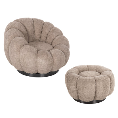 SET SWIVELLING ARMCHAIR WITH ROUND STOOL GRYMM HM10928.08 BROWNISH BEIGE BOUCLE FABRIC