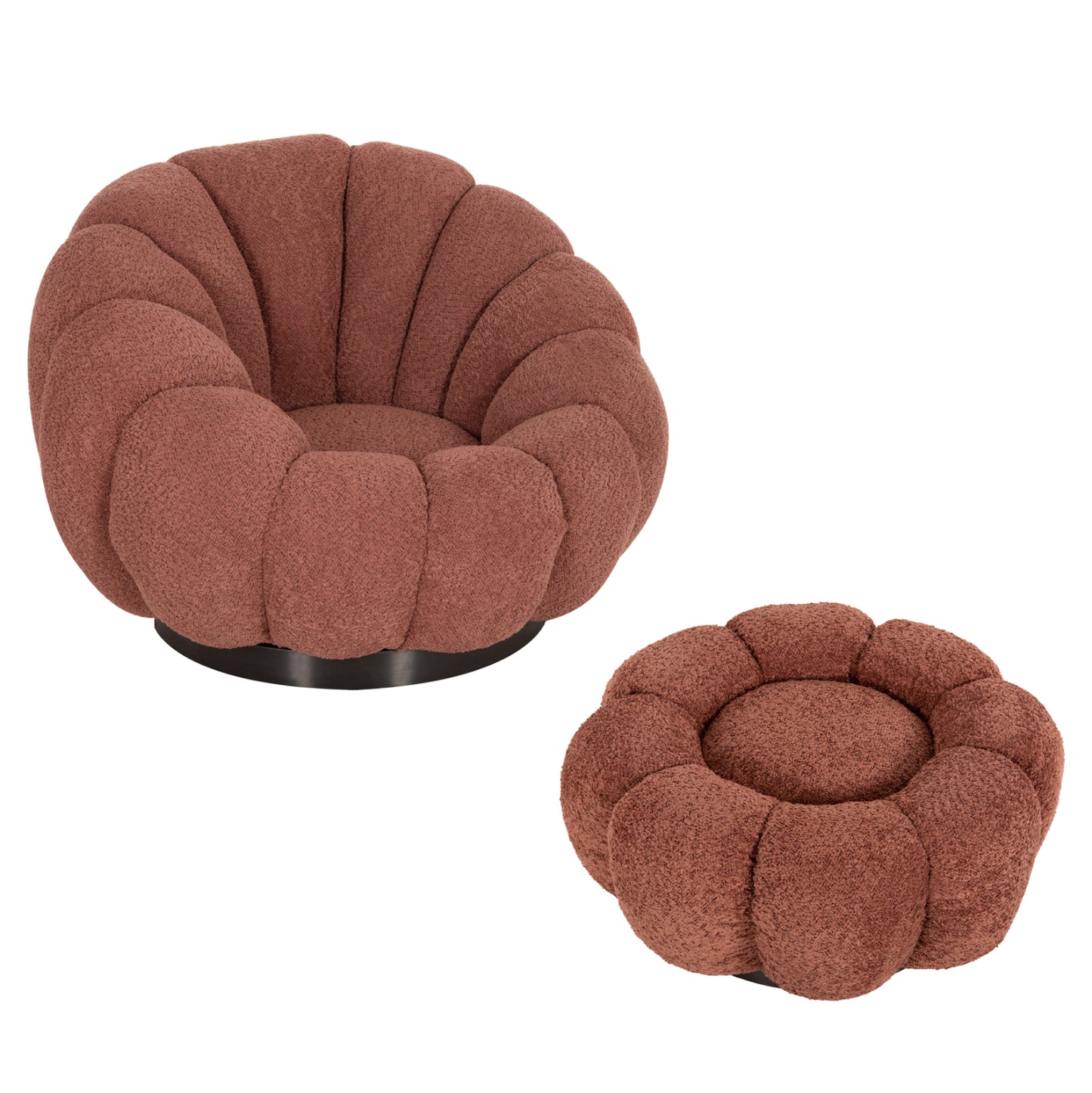 SET SWIVELLING ARMCHAIR WITH ROUND STOOL GRYMM HM10928.02 PINK BOUCLE FABRIC