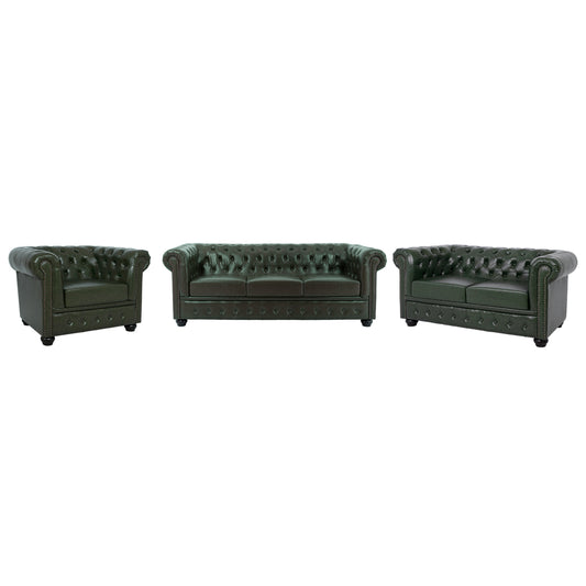 LIVING ROOM SET 3PCS MOBAR HM10912.08 PU LEATHER T.CHESTERFIELD--CYPRESS GREEN