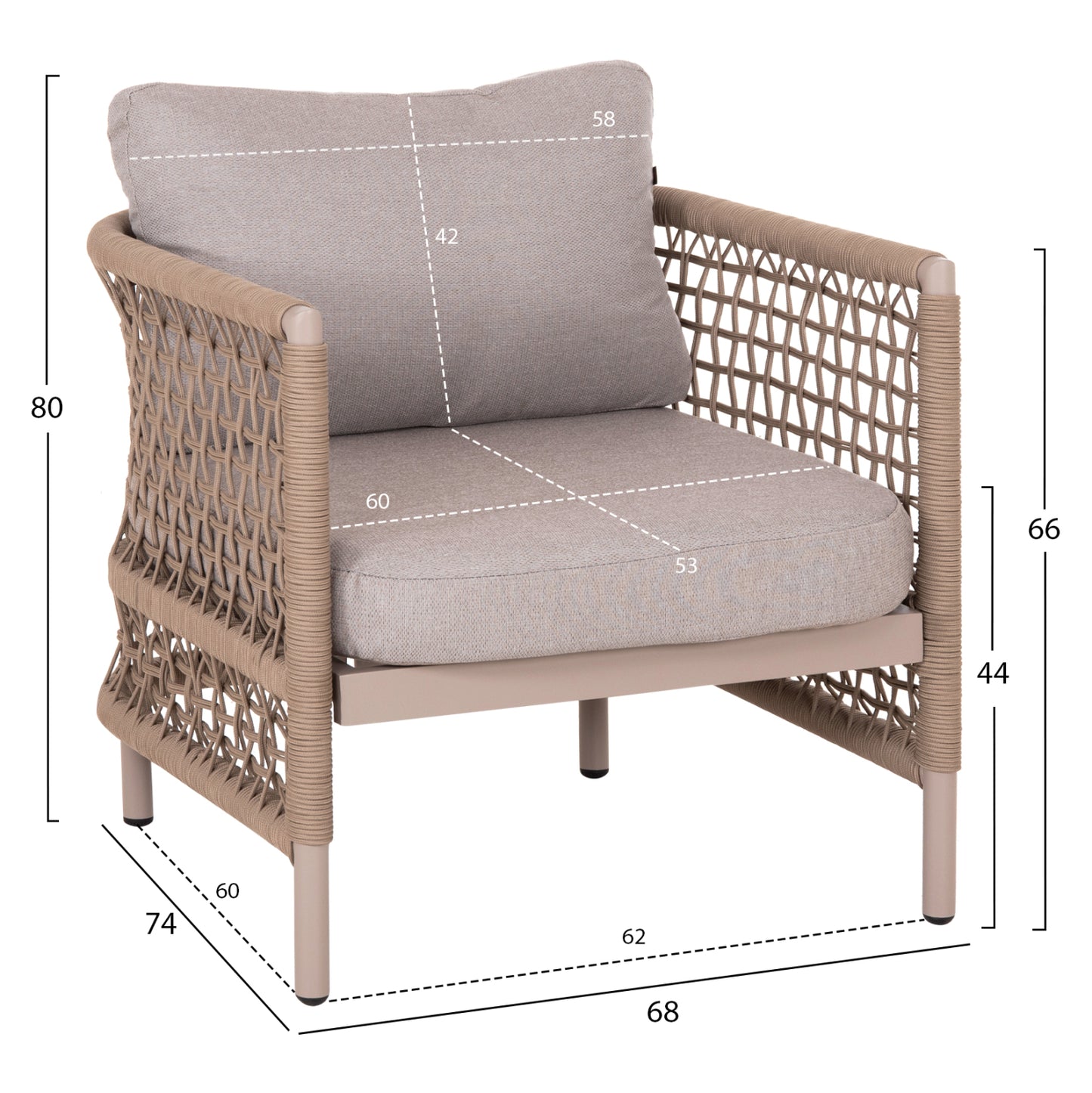 OUTDOOR LOUNGE SET 4PCS SONDRA HM6251.02 ALUMINUM & ROPE IN CAPPUCCINO--CUSHIONS IN BEIGE