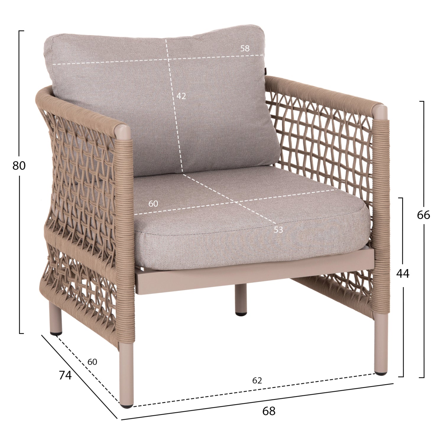 OUTDOOR LOUNGE SET 4PCS SONDRA HM6251.02 ALUMINUM & ROPE IN CAPPUCCINO--CUSHIONS IN BEIGE