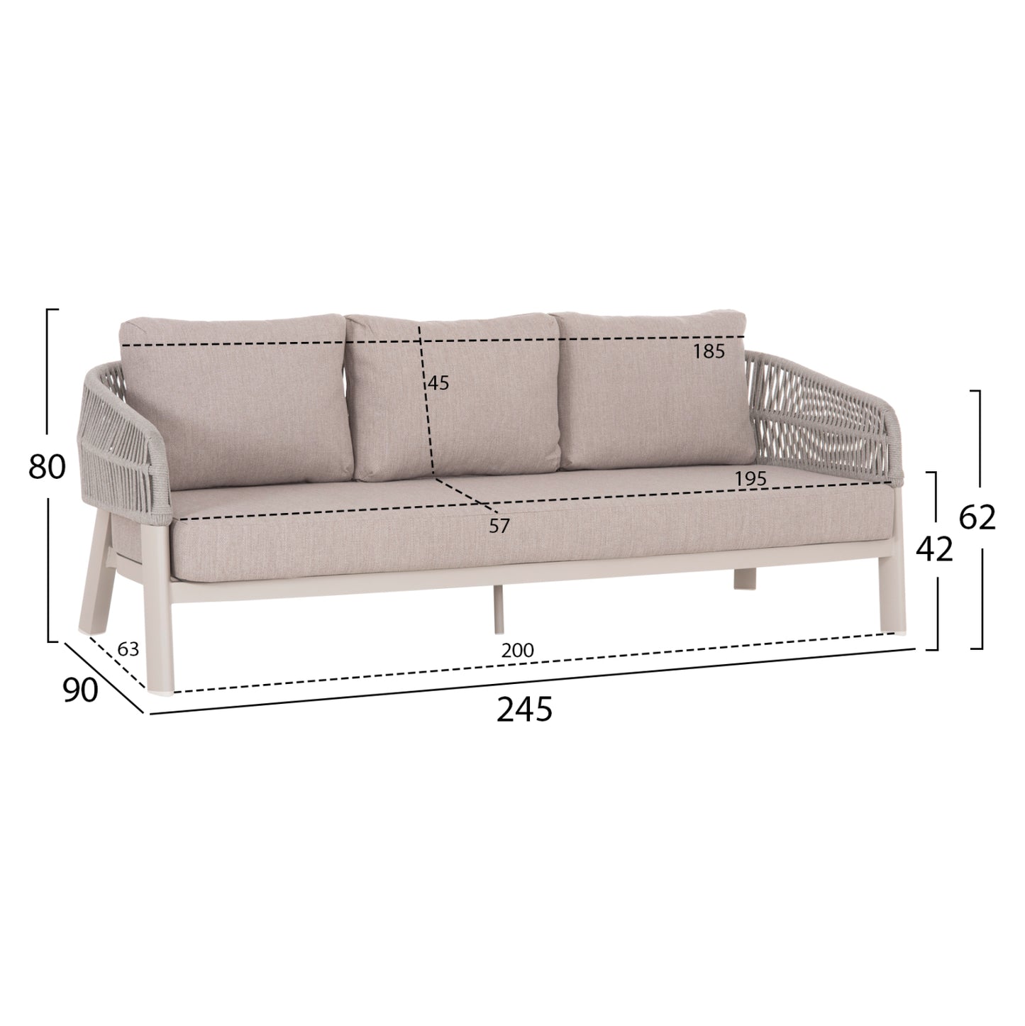 OUTDOOR LOUNGE SET 4PCS MAHAL HM6424.02 CREAM WHITE ALUMINUM--BEIGE OLEFIN & STRAP ROPE