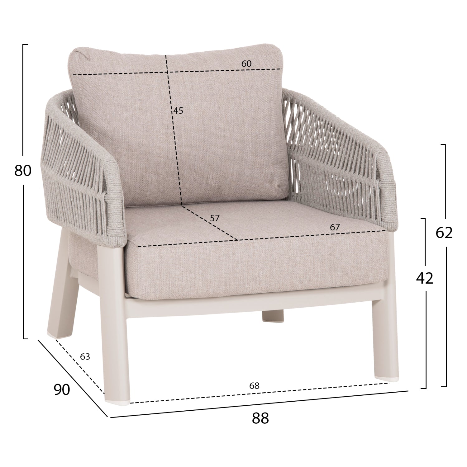 OUTDOOR LOUNGE SET 4PCS MAHAL HM6424.02 CREAM WHITE ALUMINUM--BEIGE OLEFIN & STRAP ROPE