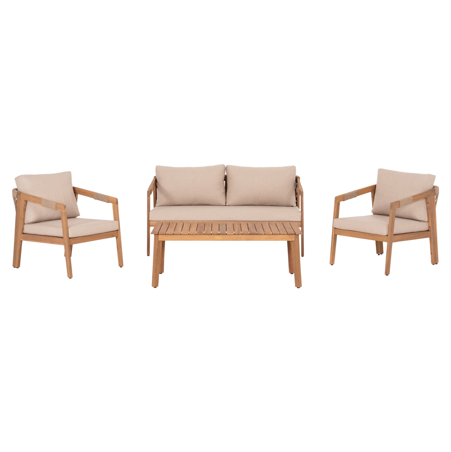 OUTDOOR LOUNGE SET 4PCS SAVANNA HM6442 ACACIA WOOD--ROPE--POLYESTER FABRIC IN BEIGE