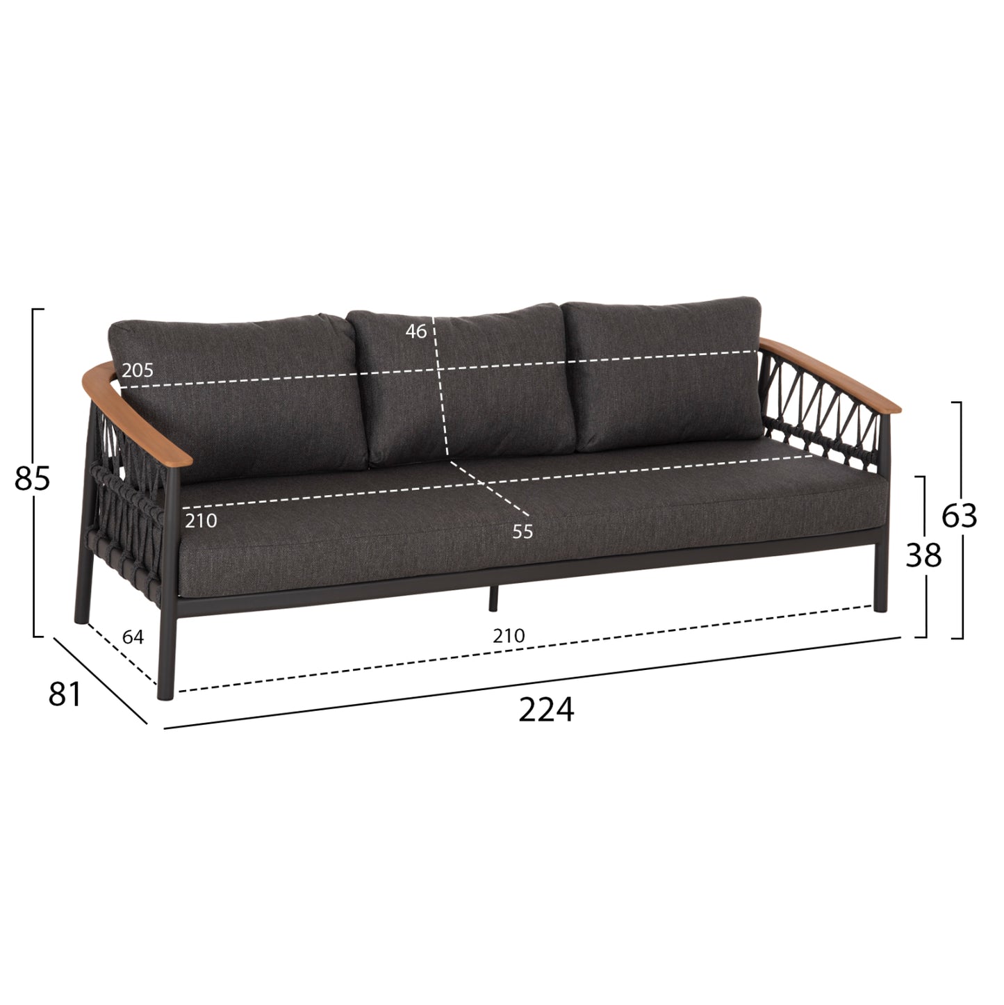 OUTDOOR LOUNGE SET 5PCS STREAM HM6426.01 DARK GREY ALUMINUM-STRAP ROPE- OLEFIN FABRIC