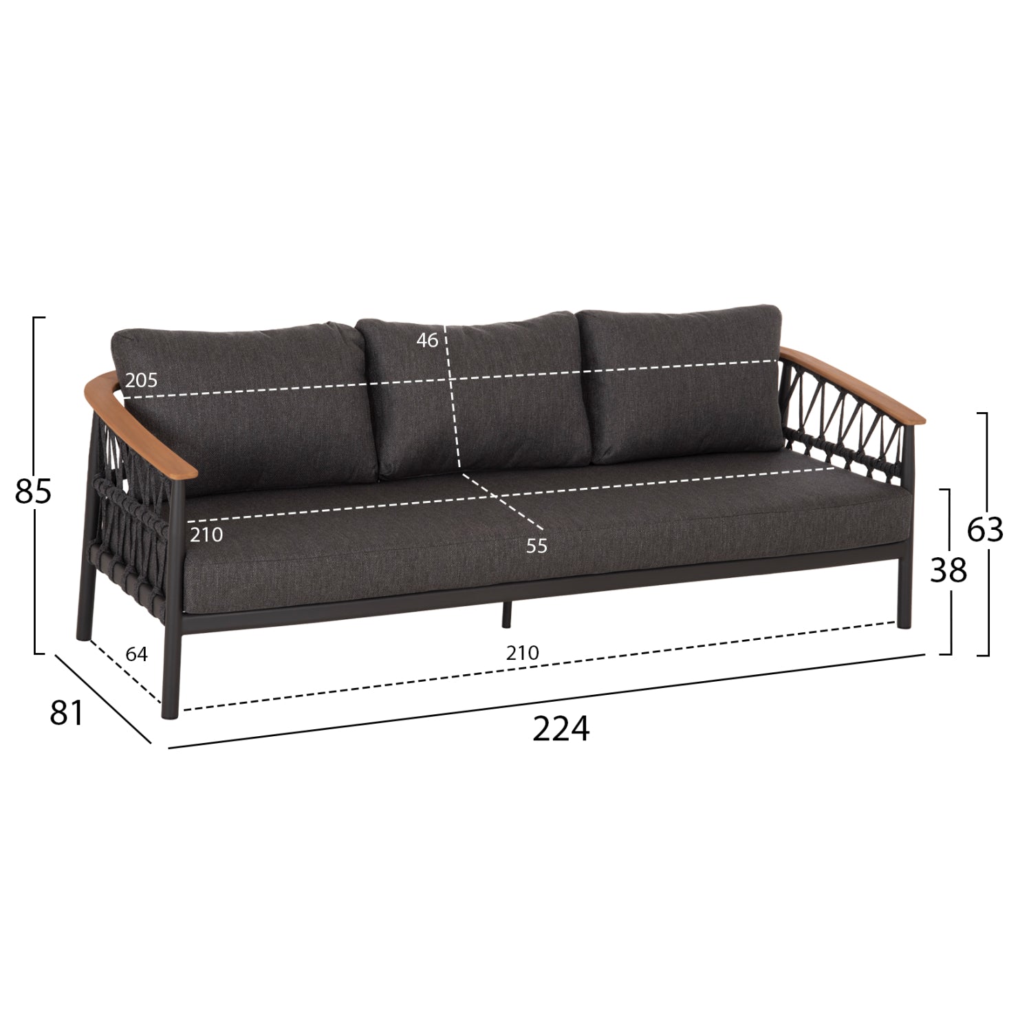 OUTDOOR LOUNGE SET 5PCS STREAM HM6426.01 DARK GREY ALUMINUM-STRAP ROPE- OLEFIN FABRIC