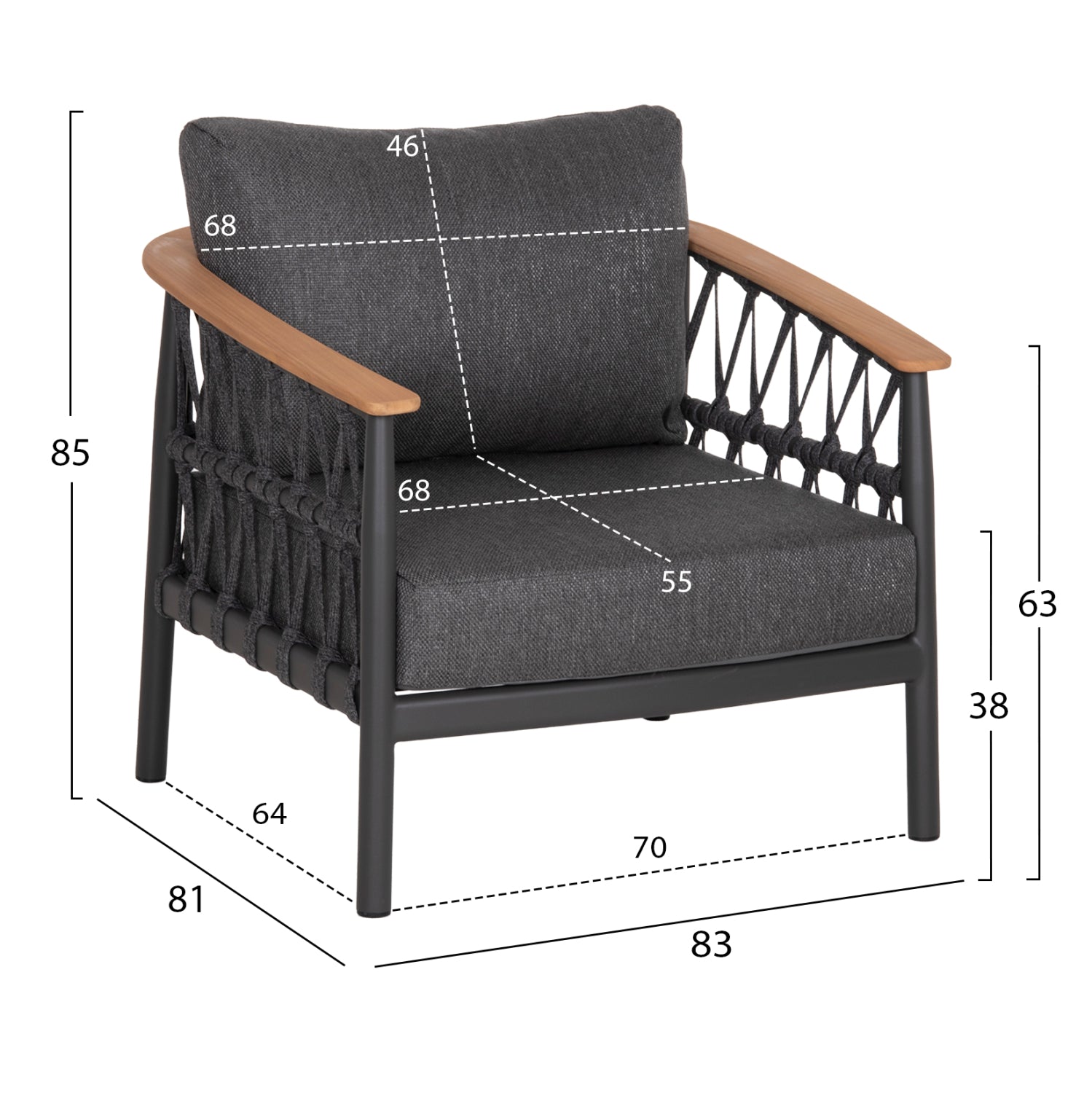 OUTDOOR LOUNGE SET 5PCS STREAM HM6426.01 DARK GREY ALUMINUM-STRAP ROPE- OLEFIN FABRIC