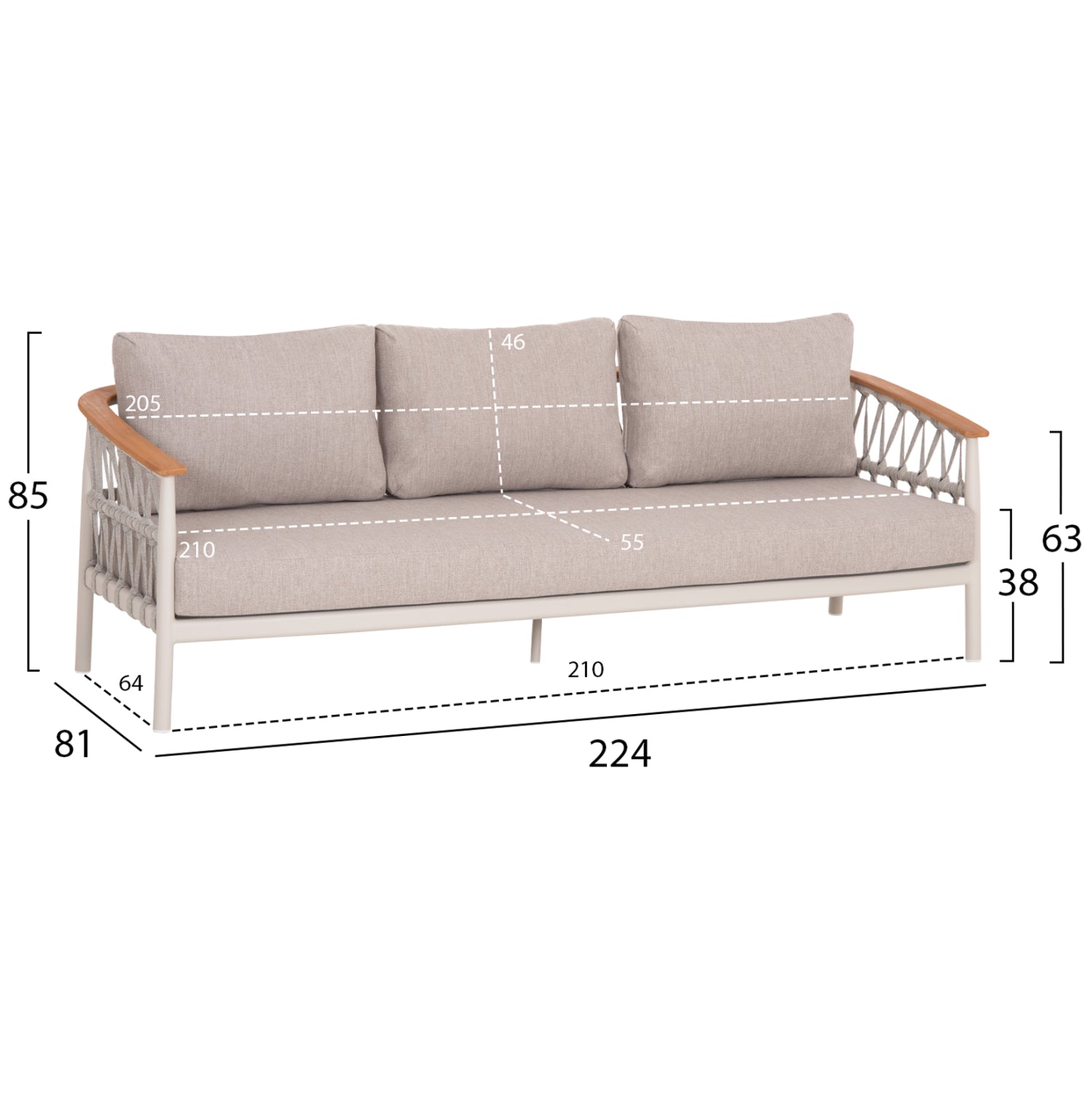 OUTDOOR LOUNGE SET 5PCS STREAM HM6426.02 ALUMINUM IN CREAM WHITE--BEIGE STRAP ROPE & OLEFIN FABRIC