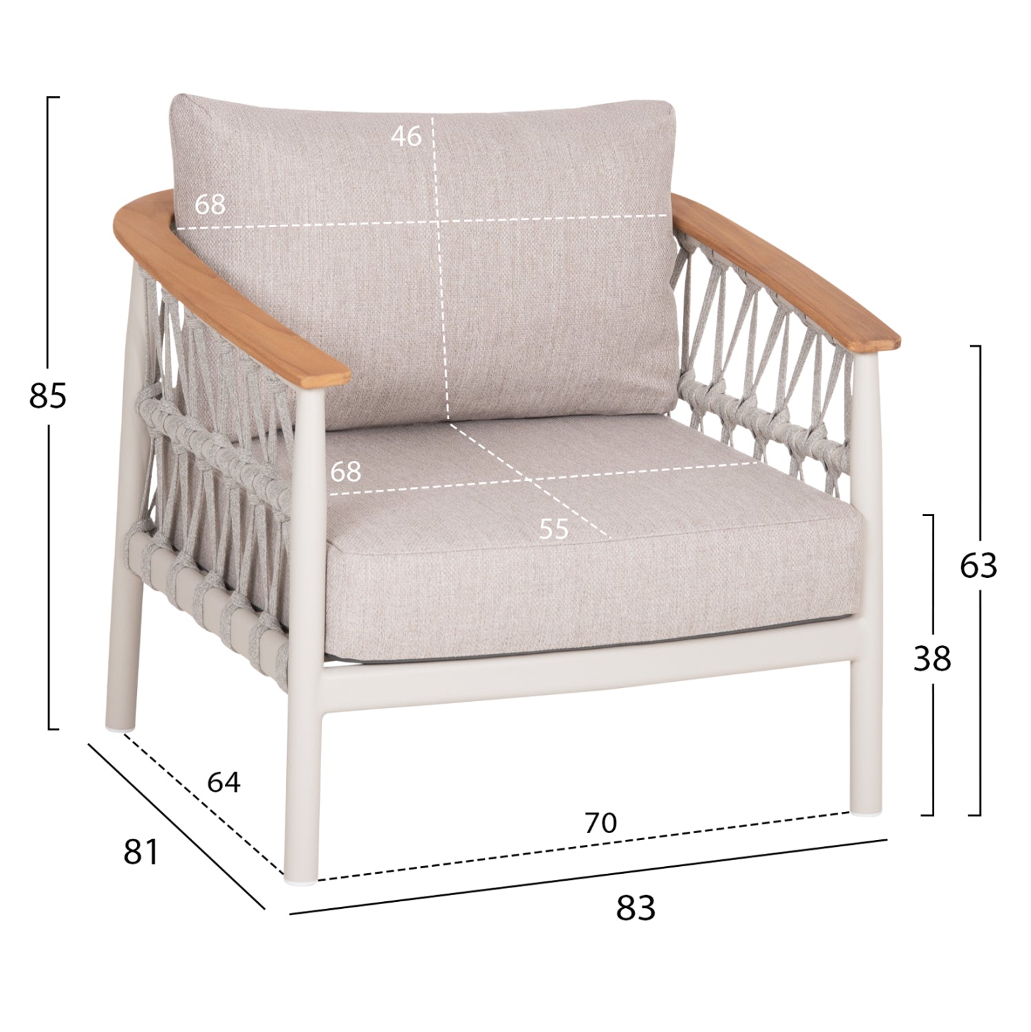 OUTDOOR LOUNGE SET 5PCS STREAM HM6426.02 ALUMINUM IN CREAM WHITE--BEIGE STRAP ROPE & OLEFIN FABRIC