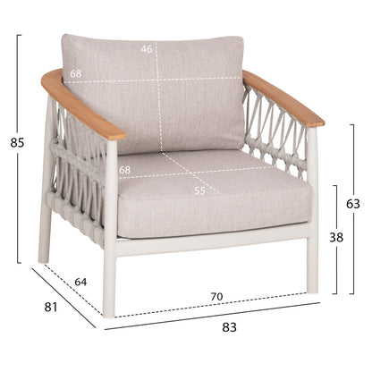 OUTDOOR LOUNGE SET 5PCS STREAM HM6426.02 ALUMINUM IN CREAM WHITE--BEIGE STRAP ROPE & OLEFIN FABRIC