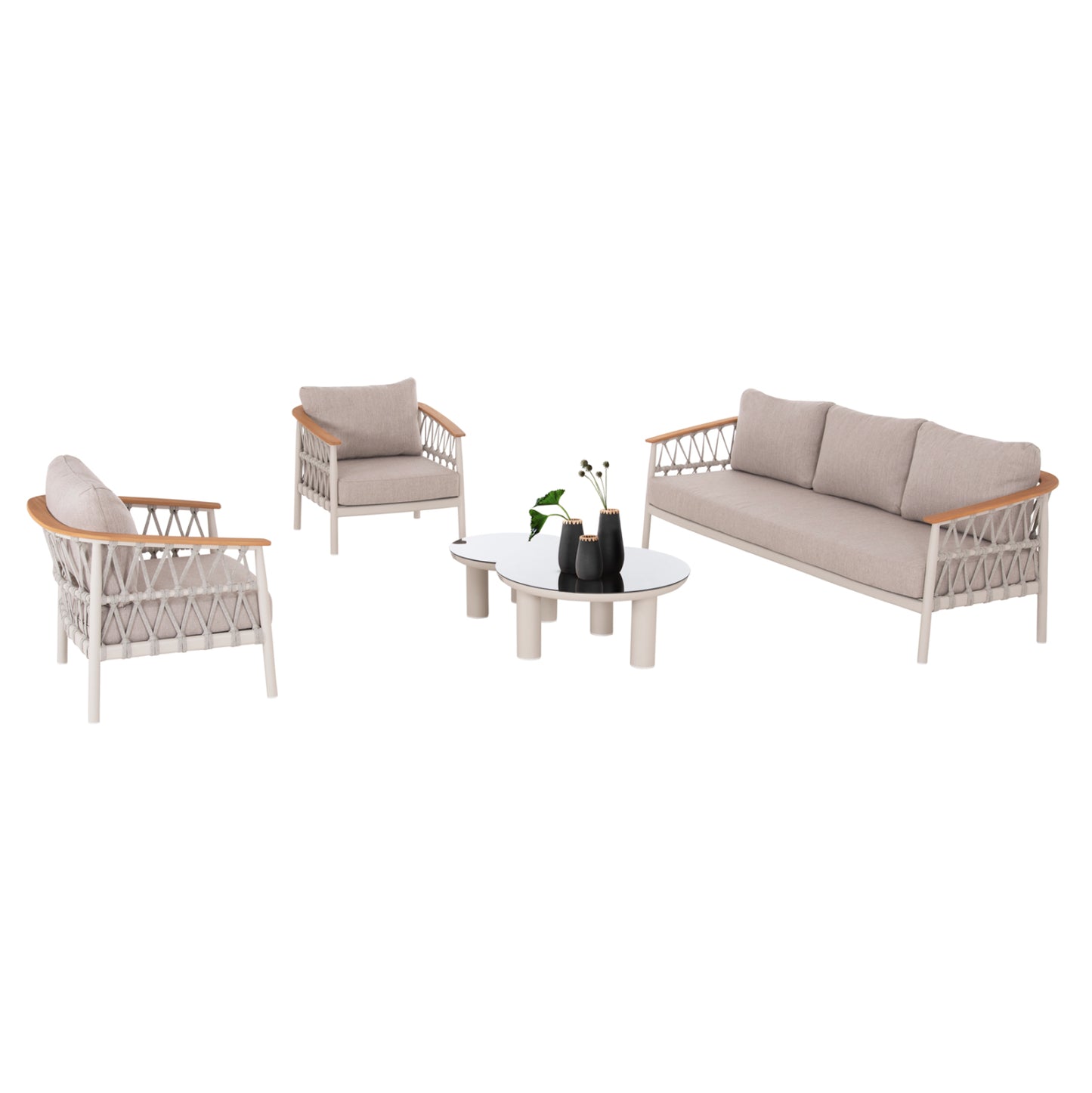 OUTDOOR LOUNGE SET 5PCS STREAM HM6426.02 ALUMINUM IN CREAM WHITE--BEIGE STRAP ROPE & OLEFIN FABRIC