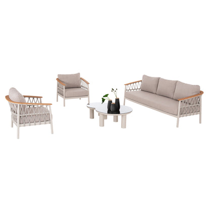 OUTDOOR LOUNGE SET 5PCS STREAM HM6426.02 ALUMINUM IN CREAM WHITE--BEIGE STRAP ROPE & OLEFIN FABRIC