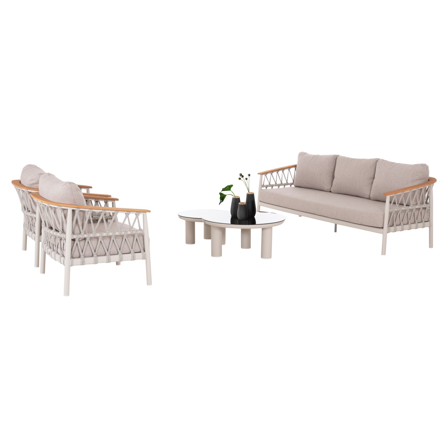 OUTDOOR LOUNGE SET 5PCS STREAM HM6426.02 ALUMINUM IN CREAM WHITE--BEIGE STRAP ROPE & OLEFIN FABRIC