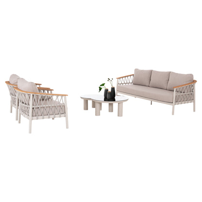 OUTDOOR LOUNGE SET 5PCS STREAM HM6426.02 ALUMINUM IN CREAM WHITE--BEIGE STRAP ROPE & OLEFIN FABRIC