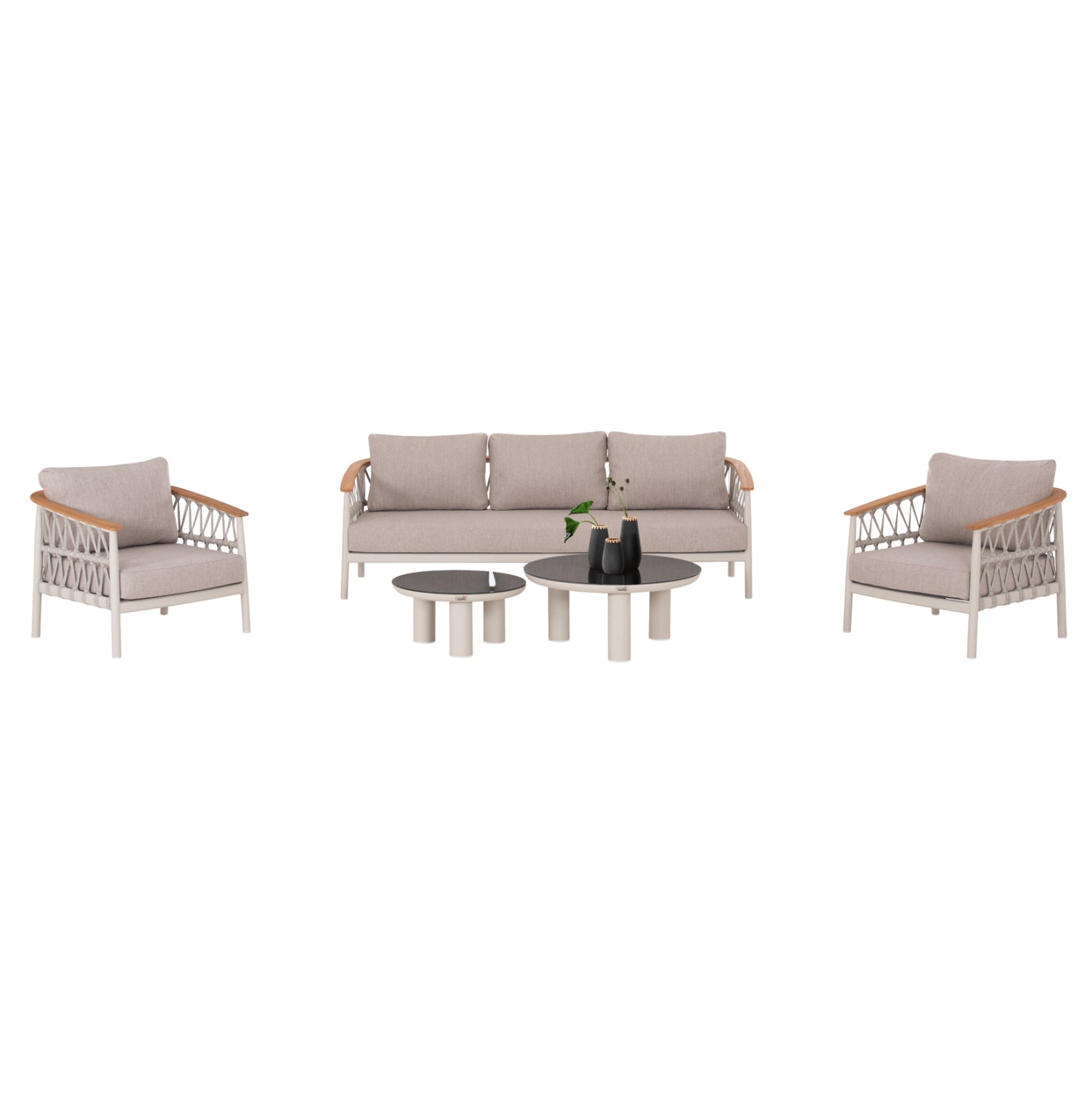 OUTDOOR LOUNGE SET 5PCS STREAM HM6426.02 ALUMINUM IN CREAM WHITE--BEIGE STRAP ROPE & OLEFIN FABRIC