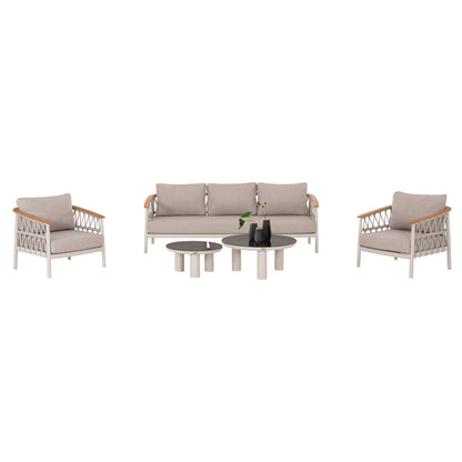 OUTDOOR LOUNGE SET 5PCS STREAM HM6426.02 ALUMINUM IN CREAM WHITE--BEIGE STRAP ROPE & OLEFIN FABRIC