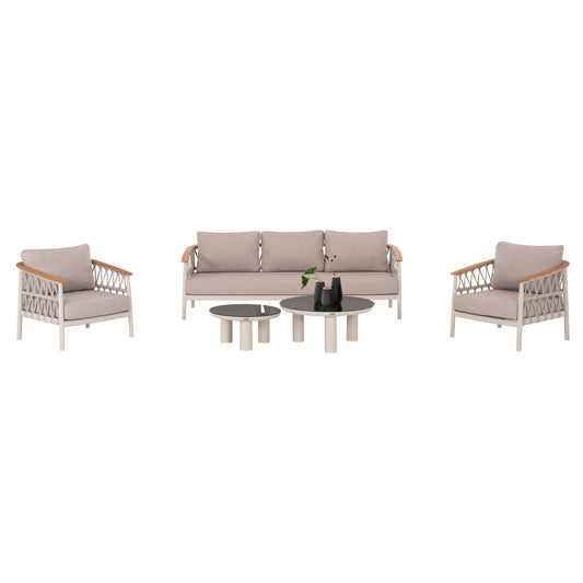 OUTDOOR LOUNGE SET 5PCS STREAM HM6426.02 ALUMINUM IN CREAM WHITE--BEIGE STRAP ROPE & OLEFIN FABRIC
