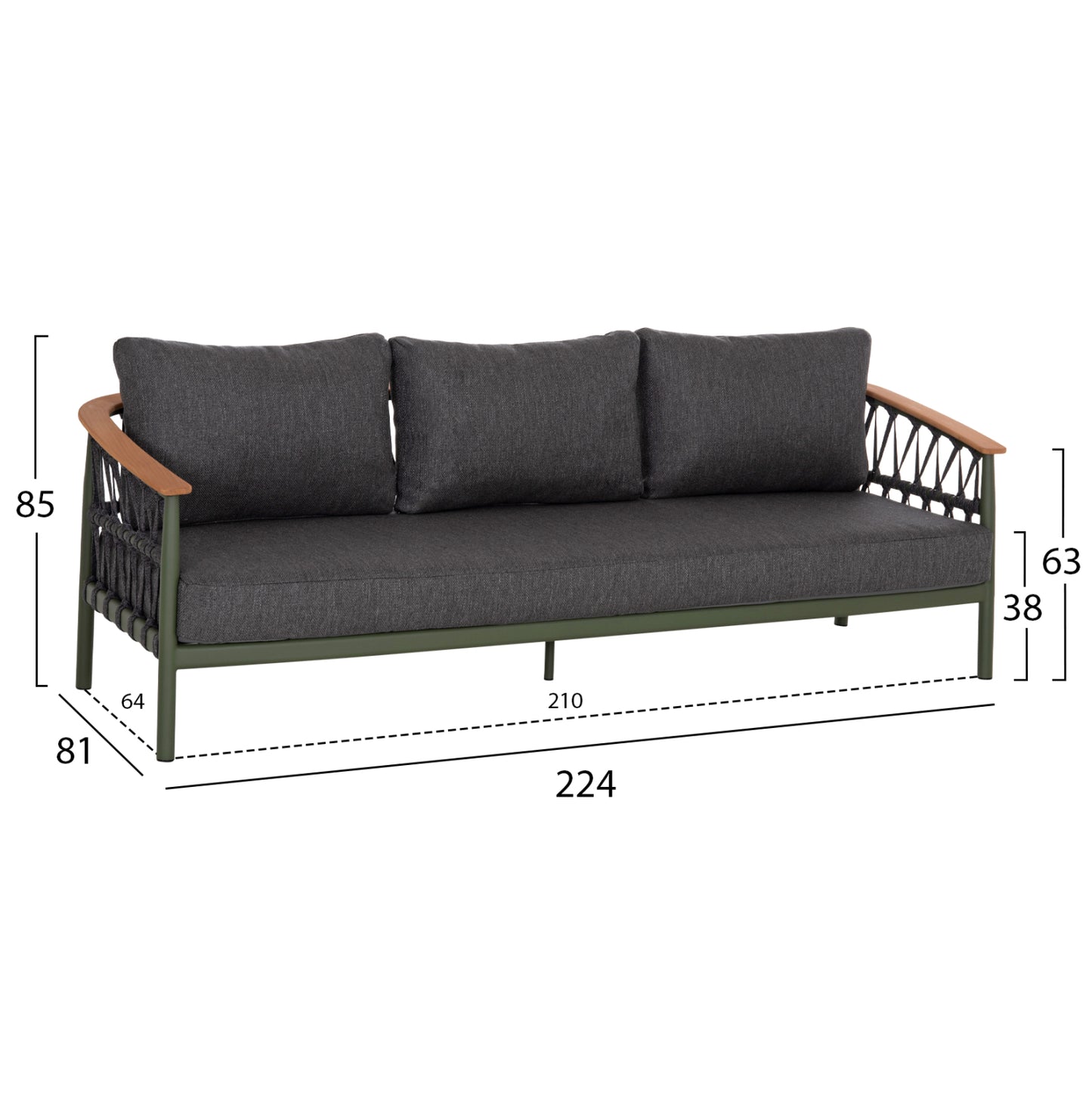 OUTDOOR LOUNGE SET 5PCS STREAM HM6426.07 ALUMINUM IN GREEN-DARK GREY STRAP ROPE & OLEFIN FABRIC